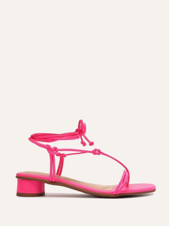 Sandália Amarração Salto Baixo Rosa Neon