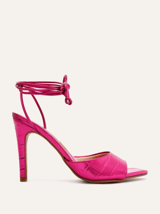 Sandália Salto Fino Croco Amarração Rosa Metalizada